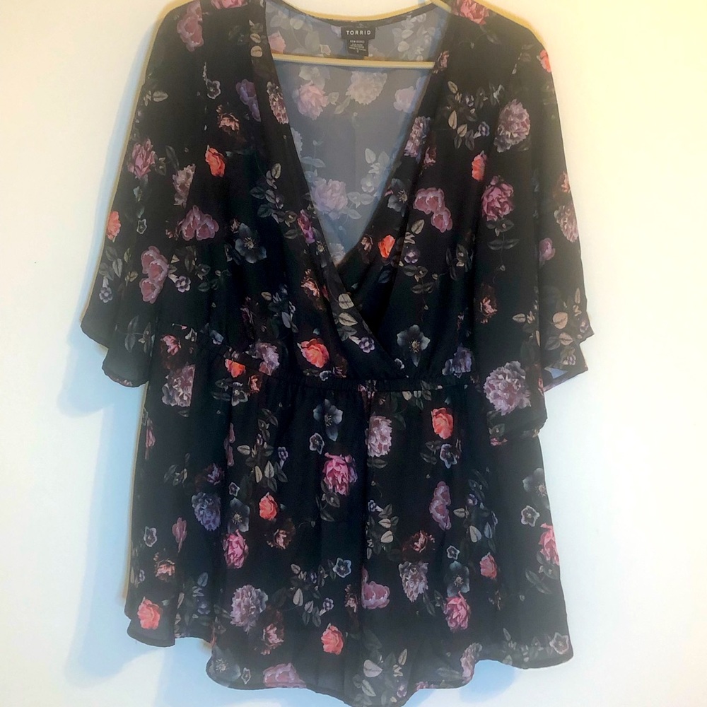 LILY - FLORAL FAUX WRAP GEORGETTE BABYDOLL BLOUSE